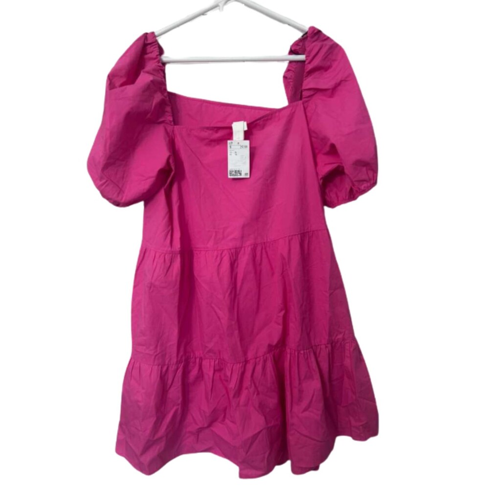 H&M Dress Women’s XL Pink Midi Oversized Puff Sleeve Summer Fall New